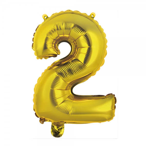 Folien Zahlenluftballon 2 in Gold, ohne Helium verwendbar, 34 cm hoch.