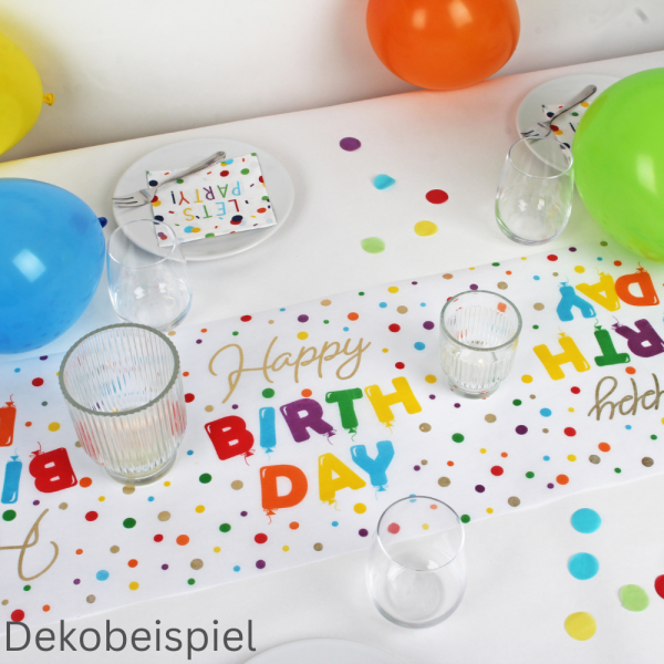 Dekobeispiel mit dem Tischläufer Geburtstag -Happy Birthday-, bunt/Gold, 28 cm.