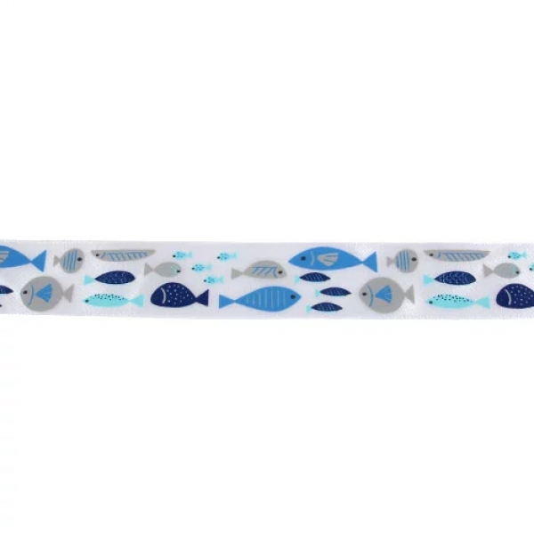20 Meter Tischband Maritime Fische in Blau/Grau, 25 mm.