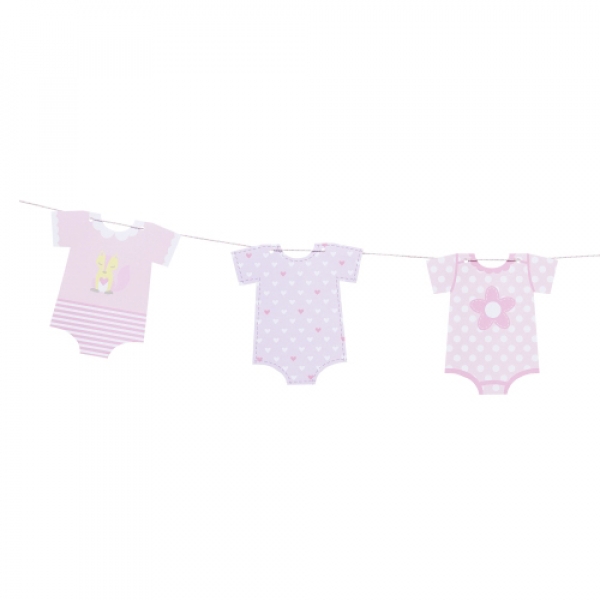 3 Meter Taufe Girlande mit 12 Babybody-Wimpeln in Rosa.