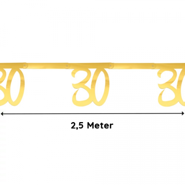 2,5 Meter Girlande, Geburtstag, -30- in Gold, 20,5 cm.
