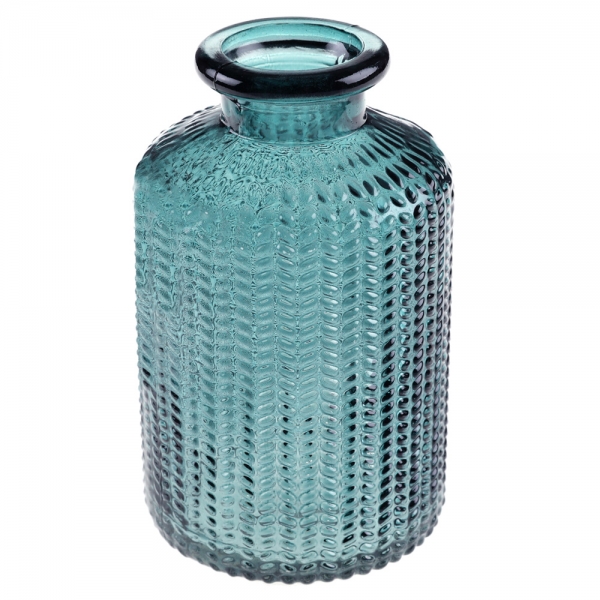 Kleines Glas Flaschen Väschen, gemustert, in Petrol, 10 cm.