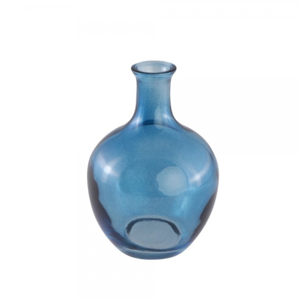 Kleines Glas Flaschen Väschen, bauchig in Blau, 11,5 cm.