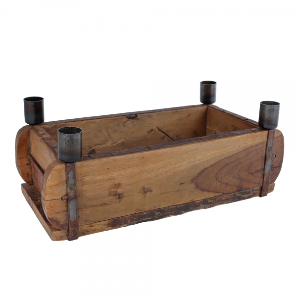 Holz Box Industiral-Rustikal Style mit 4 Metall Stabkerzenhaltern, 32 cm.
