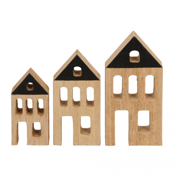 3er Set Holz Haus Silhouetten Naturbraun/Schwarz, 8 - 12 cm.