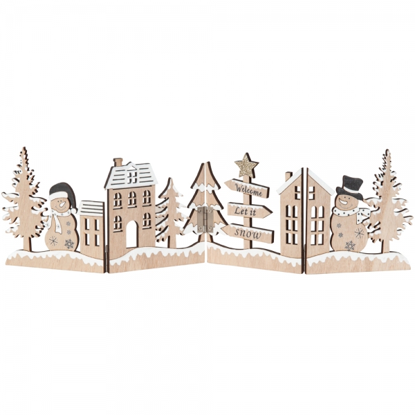 Holz Deko-Leiste Winterlandschaft, Schneemann, klappbar, 39 cm.