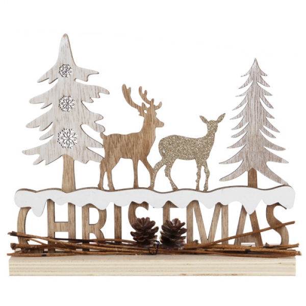 Deko Holz Winterlandschaft mit Hirsch und Reh in Grau/Weiß, 20 cm.