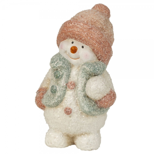Keramik Schneemann mit Schneeball, in Lachsrosa/Pistache, 15 cm.