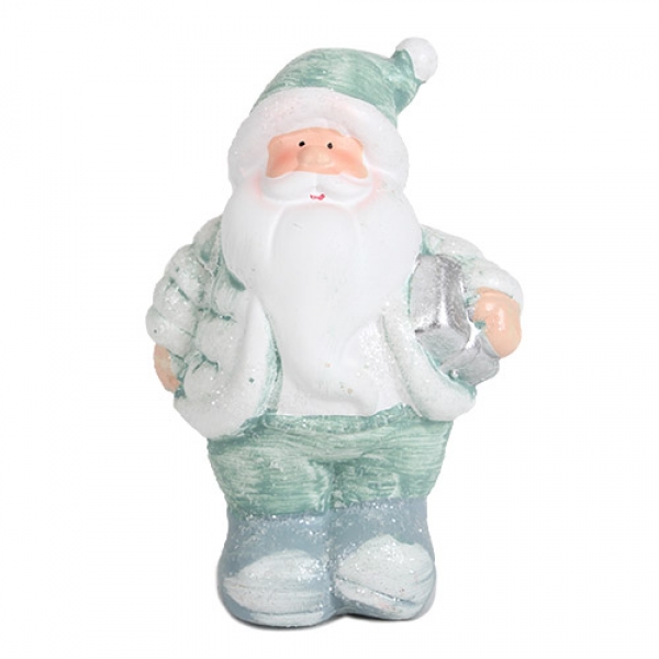 Keramik Weihnachtsmann in Mintgrün/Grau mit Geschenk in Silber, 11 cm