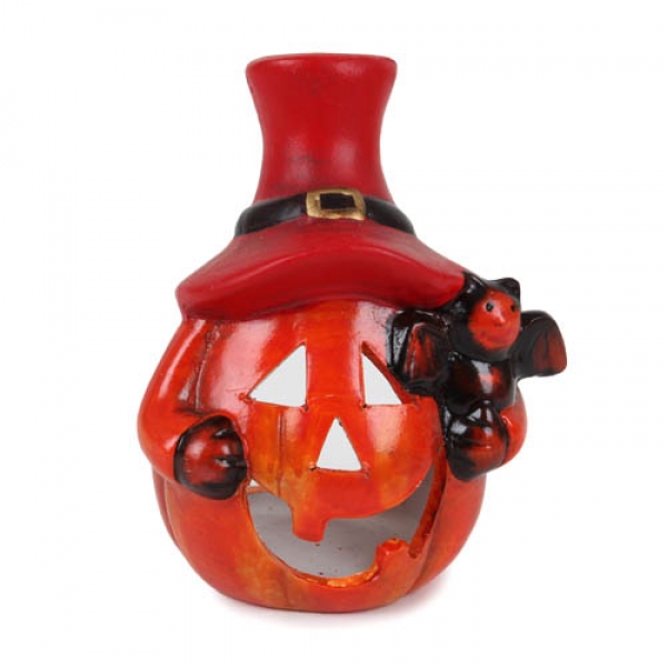 Keramik Windlicht Halloween Kürbis mit Fledermaus, 12 cm.