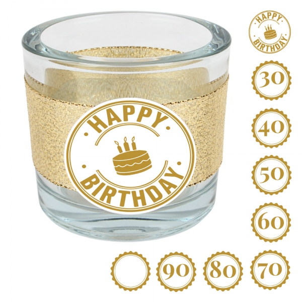 Kerzenglas Geburtstag, Glitzerband in Gold mit auswählbarer Jahreszahl oder Schriftzug Happy Birthday, 80 mm.