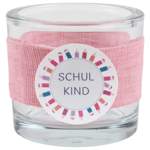 Kerzenglas Einschulung in Rosa, Schiftzug in Flieder, 80 mm.