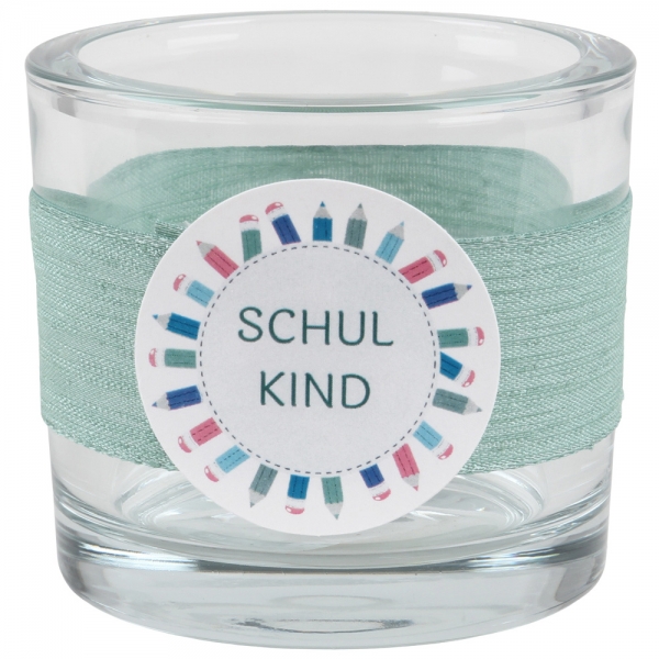 Kerzenglas Einschulung in Eukalyptus, Schiftzug in Petrol, 80 mm.