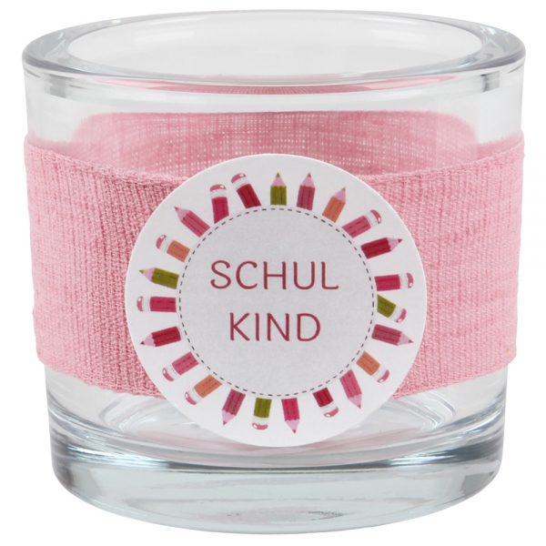 Kerzenglas Einschulung in Rosa, Schiftzug in Pink, 80 mm.