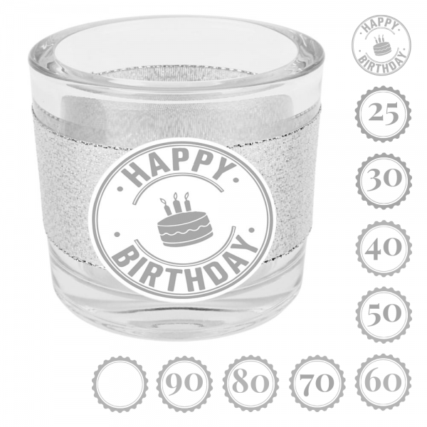 Kerzenglas Geburtstag, Glitzerband in Silber mit auswählbarer Jahreszahl, 80 mm