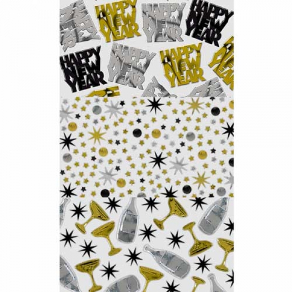 Konfetti Silvester, Happy New Year, Sterne, Champagner in Schwarz, Silber, Gold.