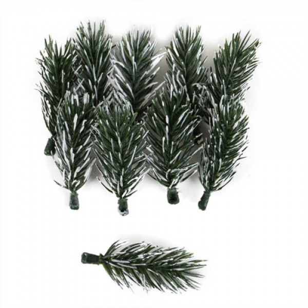 10 kleine Kunst Tannenspitzen mit Schnee, 70 mm.