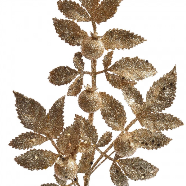 Nahaufnahme von der Kunstblume Blätterzweig mit Beeren in Champagner-Gold glitzernd, 35 cm.