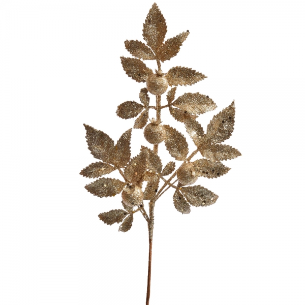 Kunstblume Blätterzweig mit Beeren in Champagner-Gold glitzernd, 35 cm.