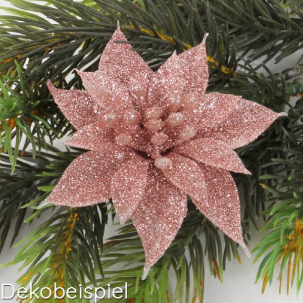 Kunstblume kleiner Weihnachtsstern mit Clip in Rosé glitzernd, 80 mm.