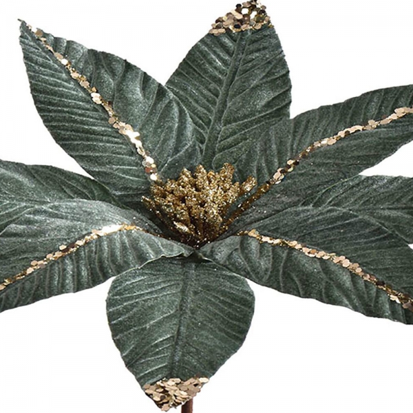 Nahaufnahme von der Kunstblume Weihnachtsstern mit großer, samtiger Blüte in Salbei, 56 cm.
