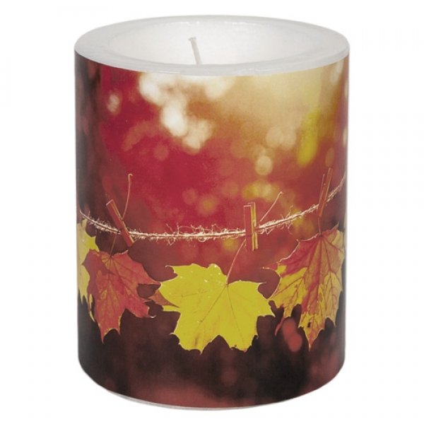 Große Lampion Stumpenkerze Herbst, Ahornblätter im Sonnenlicht, 12 cm.