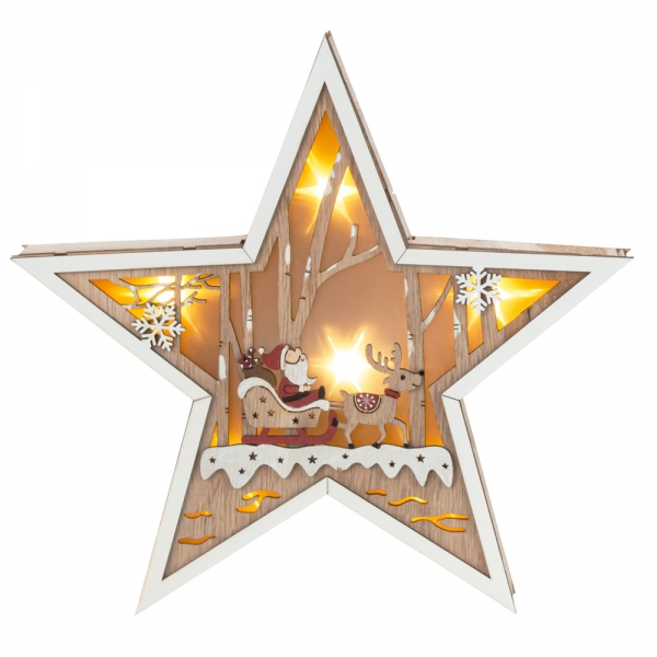 Deko Holz Stern mit LED Beleuchtung, Weihnachtsmann-Motiv, 26 cm.