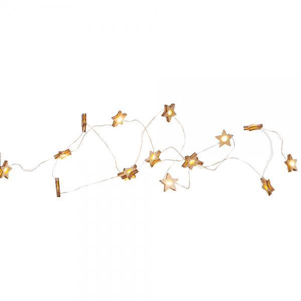 Mini LED Lichterkette mit 20 Holz-Stern-Lämpchen, für Innenräume, 2 Meter.