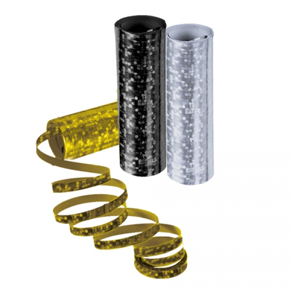 3 Hologramm Luftschlangen in Gold, Silber, Schwarz