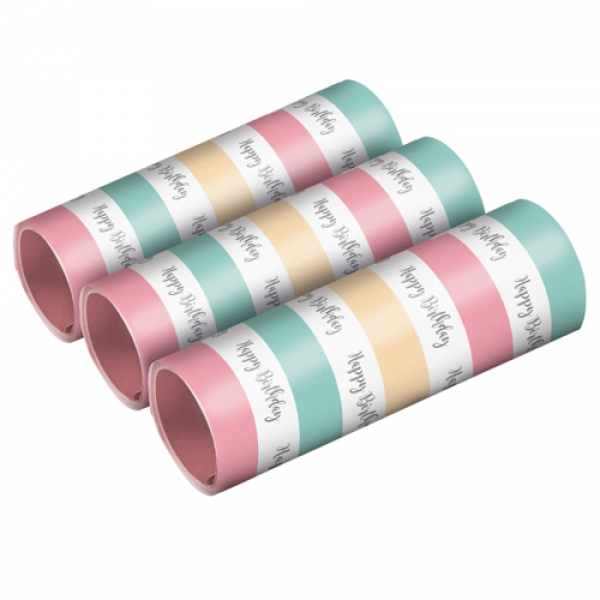 3 Luftschlangen -Happy Birthday- in Pastellfarben