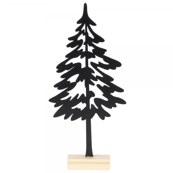 Deko Metall Tannenbaum in Schwarz auf Holzsockel, 31 cm.