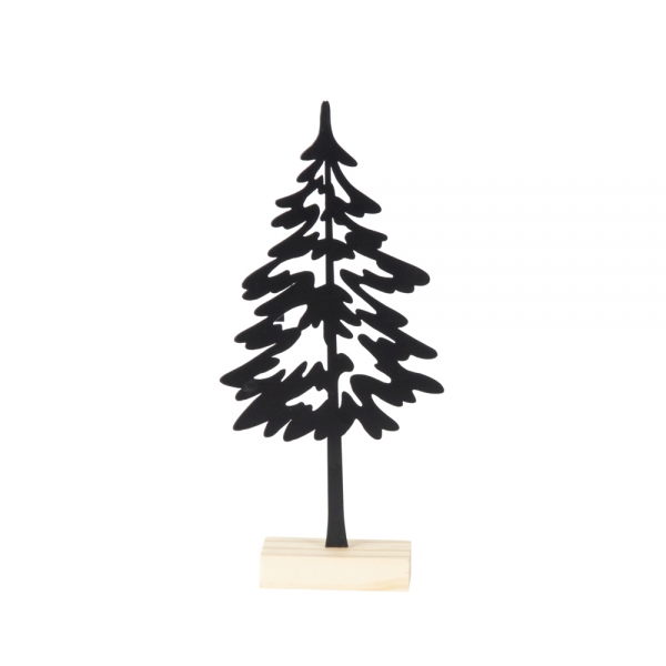 Deko Metall Tannenbaum in Schwarz auf Holzsockel, 22,5 cm.