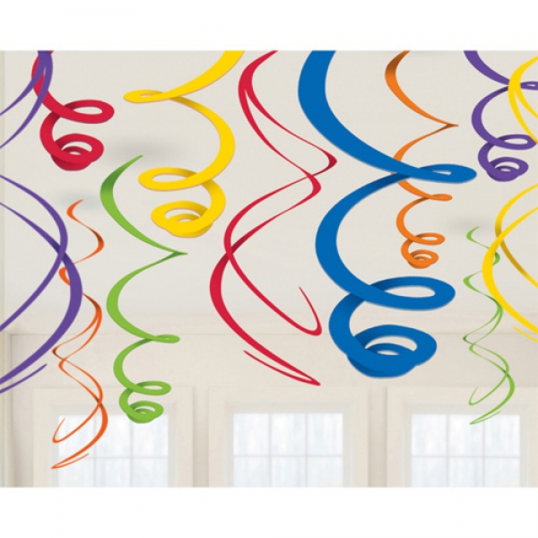 12 Raumdeko Spiralen in Regenbogenfarben, 55 cm.