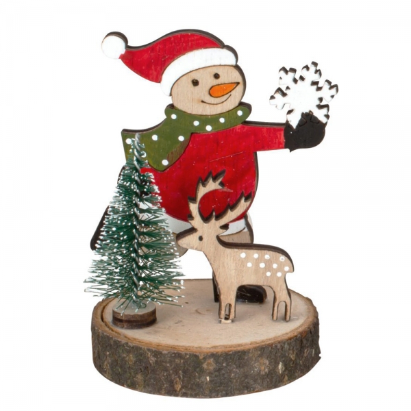 Kleine Holz Weihnachtsmotiv Baumscheibe mit Schneemann, 10 cm.
