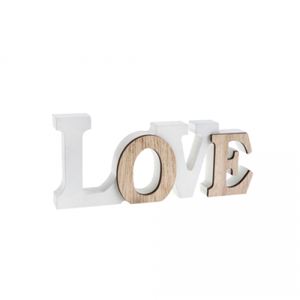 Holz Schriftzug Love in Weiß/Hellbraun, 14 cm.