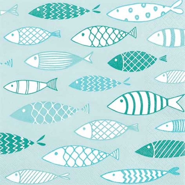 20er Pack Perlmuttglanz Servietten Kommunion, Fische Maritim in Mintblau, 33 x 33 cm.