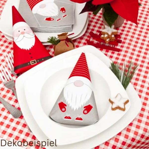 Dekobeispiel für die Servietten Weihnachtswichtel und Weihnachtsmann zum Falten, 33 x 33 cm.