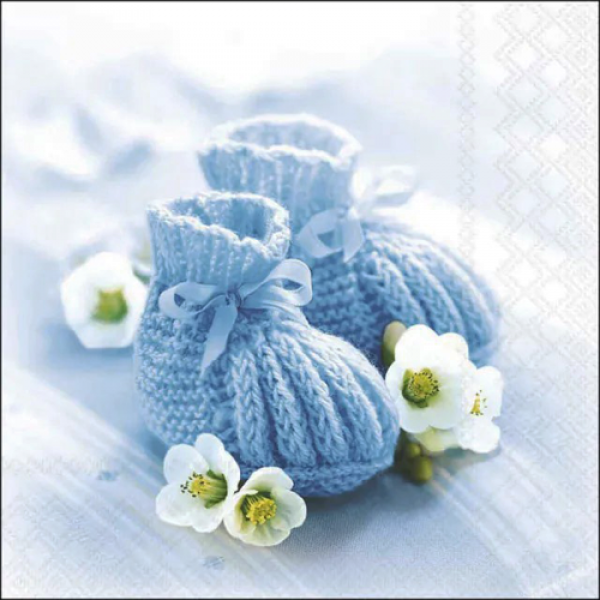 20er Pack Servietten Taufe, Baby Strickschühchen in Blau, 33 x 33 cm.