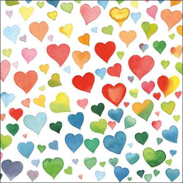 20er Pack Servietten Bunte Herzen, 33 x 33 cm.