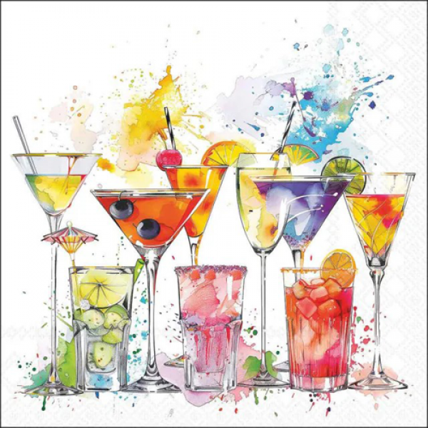 20er Pack Servietten Cocktails, Splashing Drinks, Cocktailparty, 33 x 33 cm.