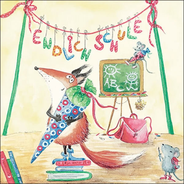 20er Pack Servietten Einschulung, Fuchs mit Schultüte, 33 x 33 cm.
