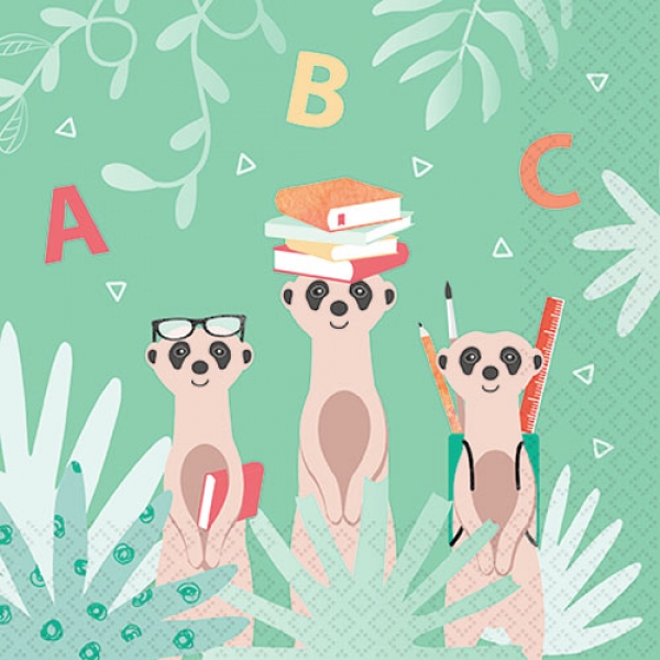 20er Pack Servietten Einschulung, Erdmännchen ABC, 33 x 33 cm.