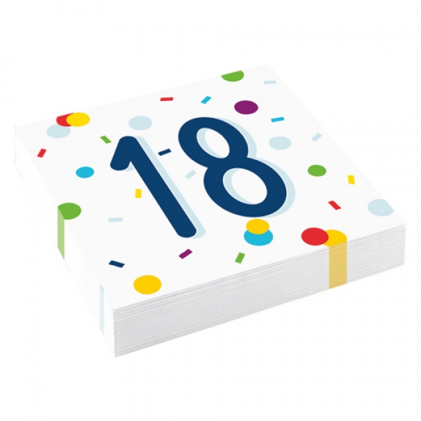 20er Pack Servietten 18. Geburtstag, bunt, 33 x 33 cm.