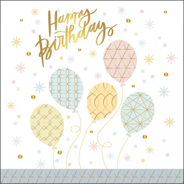 20er Pack Servietten Geburtstag, Happy Birthday, Ballons in Pastell/Gold, 33 x 33 cm.
