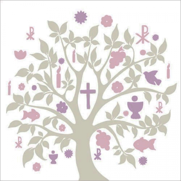 20er Pack Servietten Kommunion, Konfirmation Symbole, Baum in Taupe, 33 x 33 cm.