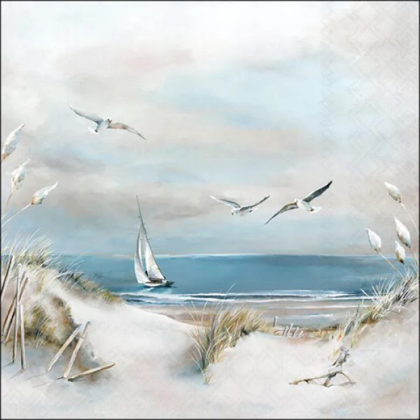 20er Pack Servietten Dünenzauber mit Meer und Segelboot, 33 x 33 cm.