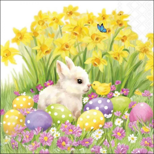 20er Pack Servietten Ostern, Häschen und Küken, 33 x 33 cm.