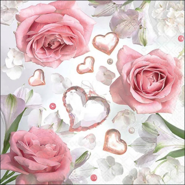 20er Pack Servietten Hochzeit, Rosen & Herzen in Altrosa/Rosa, 33 x 33 cm.