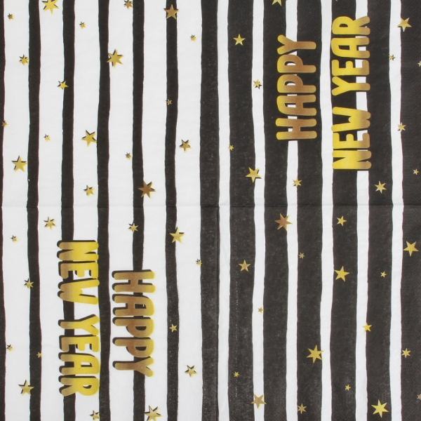 20er Pack Servietten Silvester, -Happy New Year-, vierseitig in Schwarz/Weiß, 33 x 33 cm, aufgefaltet.