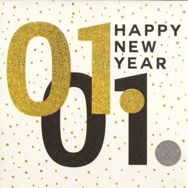 20er Pack Servietten Silvester, Neujahr, Zahlen in Schwarz/Gold, 33 x 33 cm.